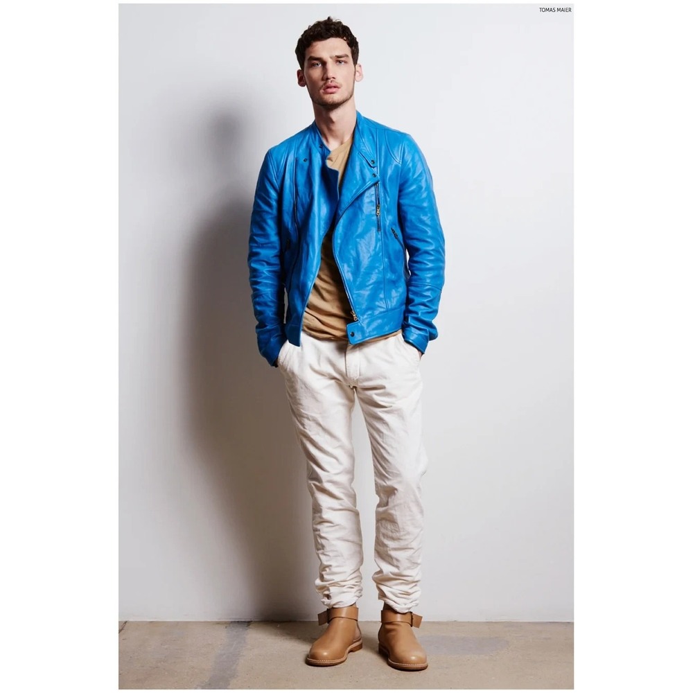 Tomas Maier Asymmetric Leather Moto Jacket Blue Mens S Biker